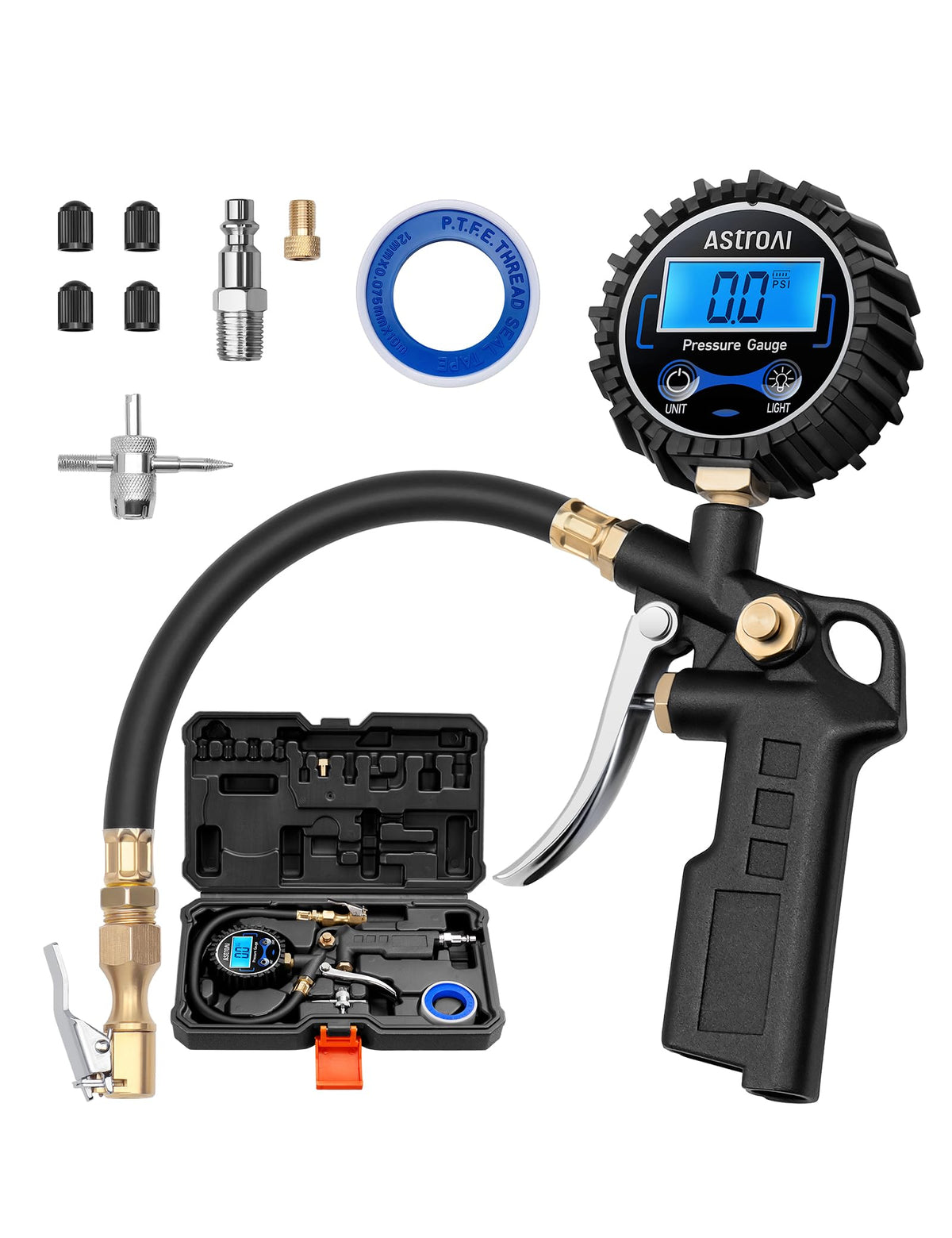 AstroAI digital tire pressure gauge — with inflator and quick connect coupler
