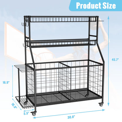 Sports equipment storage rack — heavy duty design with rolling cart and hooks