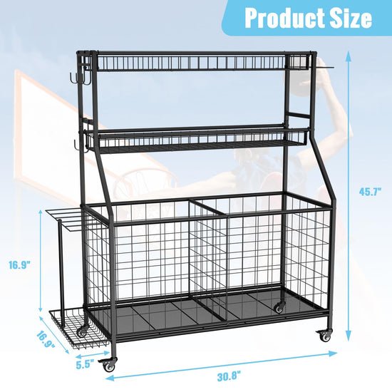 Sports equipment storage rack — heavy duty design with rolling cart and hooks