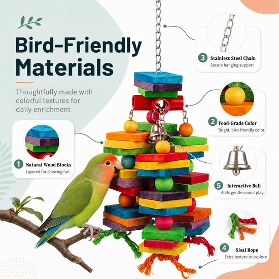 Bird Toys for Parrots, Natural Wood Bird Chewing Toy with Heavy-Duty Stainless Steel Chain for Small to Medium Parrot, Cockatiel, African Grey, Amazon Parrot, Conure Bird Cage Accessories - 1.2 lbs