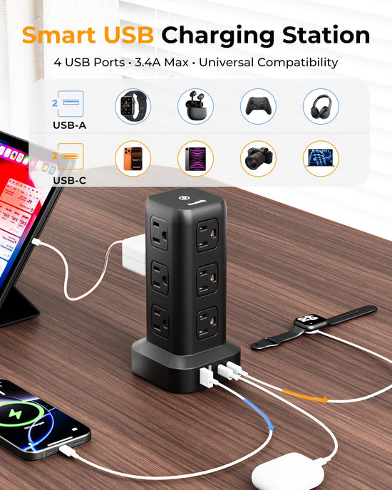Power strip — 12 outlets and 4 USB ports with tower design and extension cord