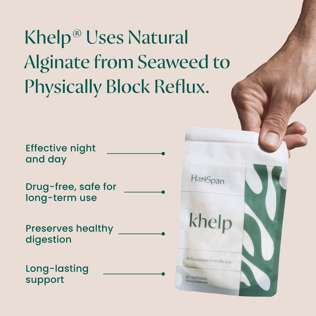 HartSpan Khelp All-Natural Reflux Support – Premium Alginate Supplement | GERD, Heartburn, LPR & Acid Reflux | Drug-Free, Designed for Daily Use | No Dyes or Flavors | 60 Vegan Capsules
