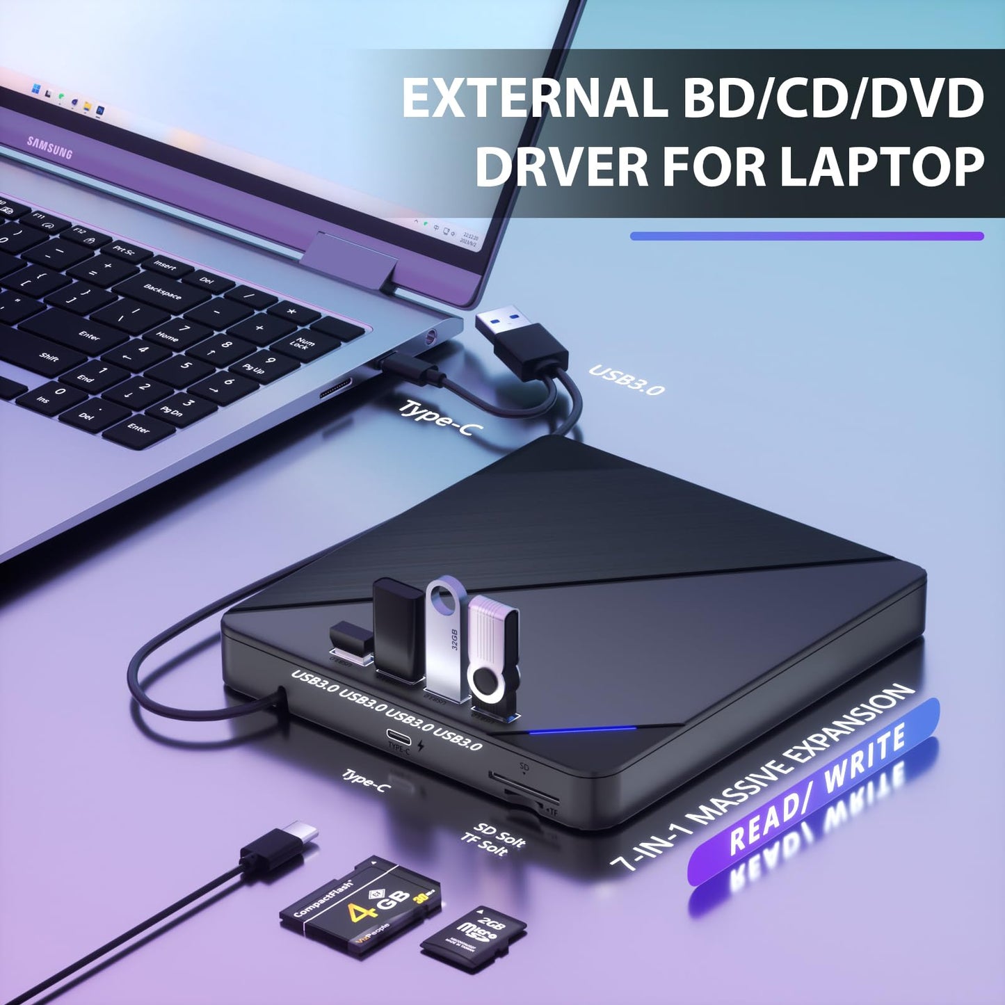 TYYWGD External Blu ray Drive, 7 in 1 Support 100G Disc R/W, USB3.0 Type-C Bluray Drive BD DVD CD Burner with 4 USB Ports, SD/TF Card Slot Compatible with Windows Linux MacOS (Blu ray &CD &DVD)