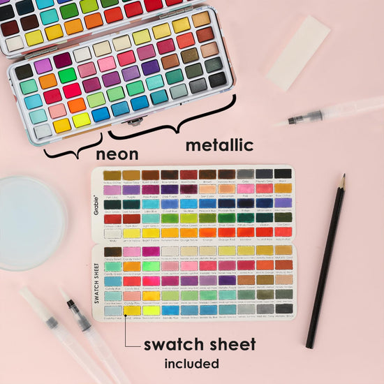 Grabie watercolor paint set - 100 colors including metallic and fluorescent hues with accessories
