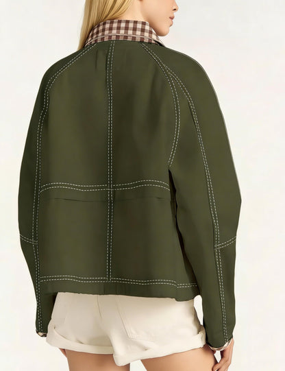 Aimiray coat — Windproof cropped plaid bomber with pockets
