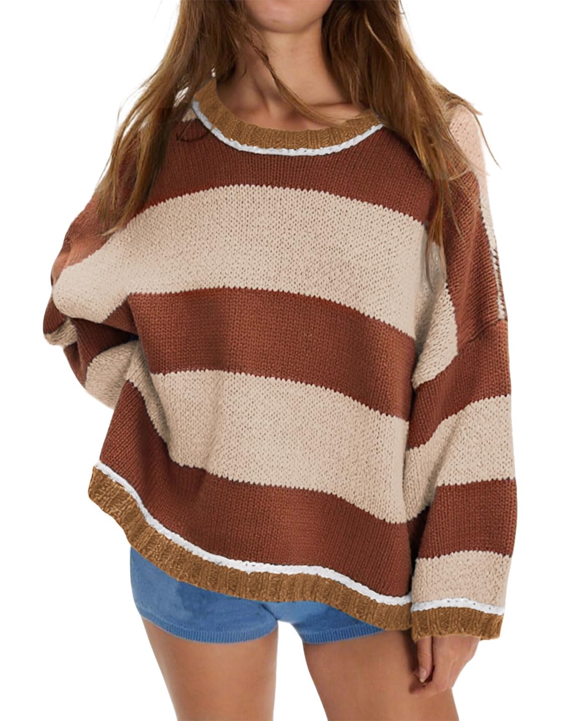 Aisongyuan sweater — Color block striped design with crewneck and long sleevesAisongyuan sweater — Color block striped design with crewneck and loose fit