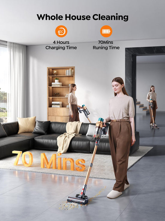 Cordless vacuum cleaner — 650W power with 70 mins runtime and removable battery