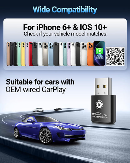 CarPlay Wireless Adapter for iPhone 6+ Mini Design-2026 Upgraded Converts OEM Wired to Wireless Adapter for Apple CarPlay, Plug and Play, Auto Connect Fast and Stable (Black)