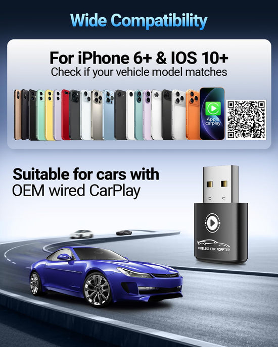 CarPlay Wireless Adapter for iPhone 6+ Mini Design-2026 Upgraded Converts OEM Wired to Wireless Adapter for Apple CarPlay, Plug and Play, Auto Connect Fast and Stable (Black)