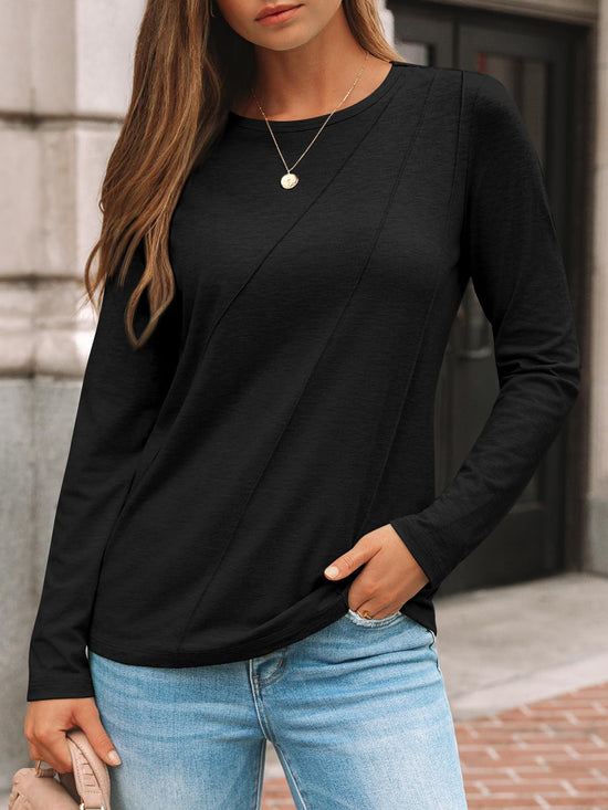 Shirt — Womens pleated long sleeve tunic with loose fit crewneck