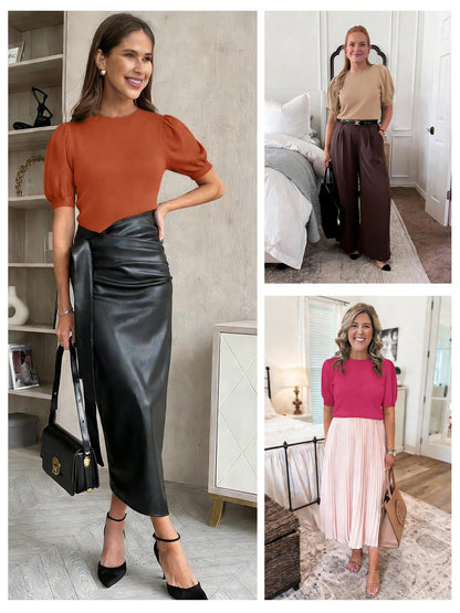 ATHMILE short sleeve sweater with puff sleeves for women