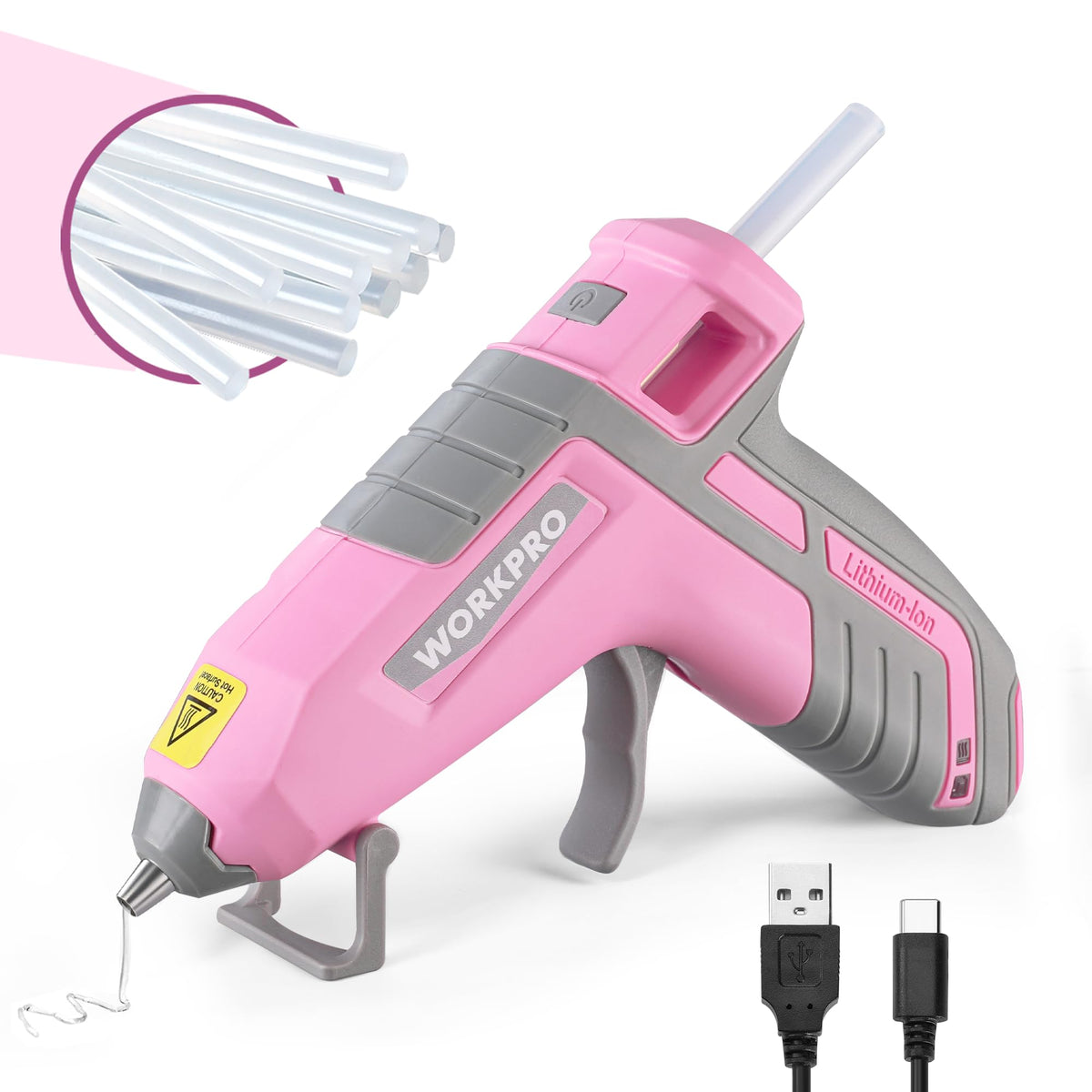 WORKPRO hot glue gun - cordless, fast preheating and USB-C rechargeable