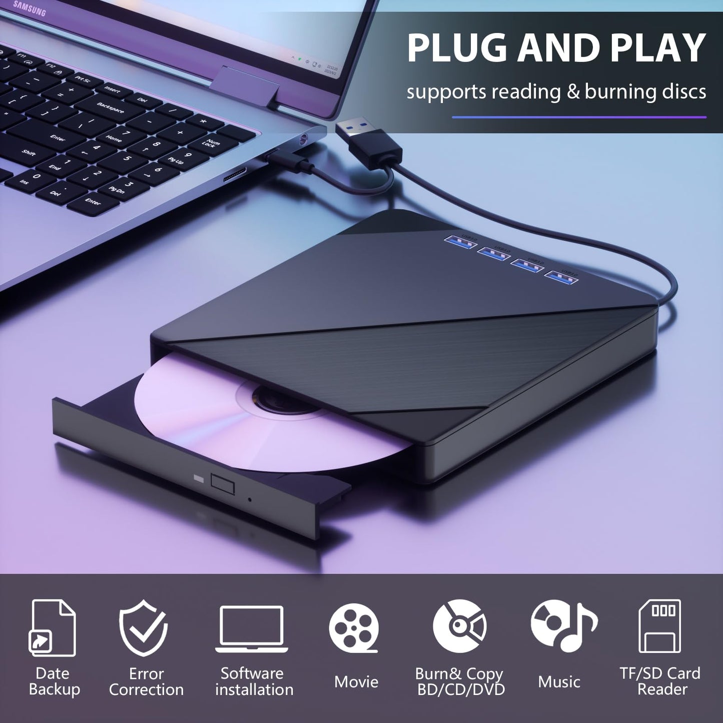 TYYWGD External Blu ray Drive, 7 in 1 Support 100G Disc R/W, USB3.0 Type-C Bluray Drive BD DVD CD Burner with 4 USB Ports, SD/TF Card Slot Compatible with Windows Linux MacOS (Blu ray &CD &DVD)