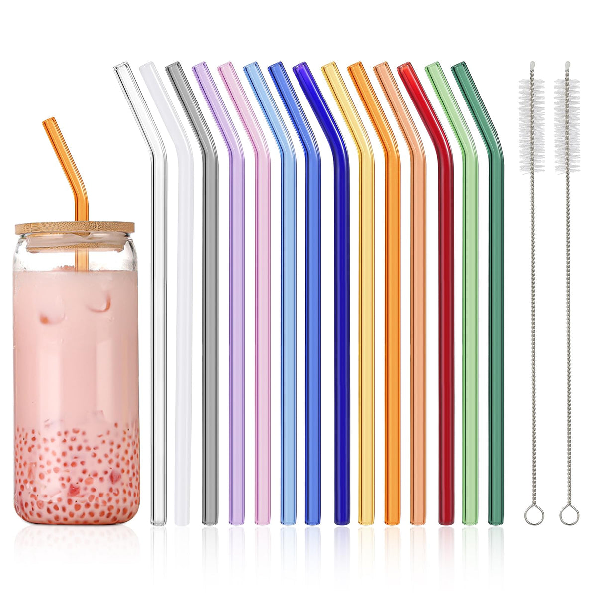 Drinking straw — 14 reusable colorful glass straws with cleaner brushes