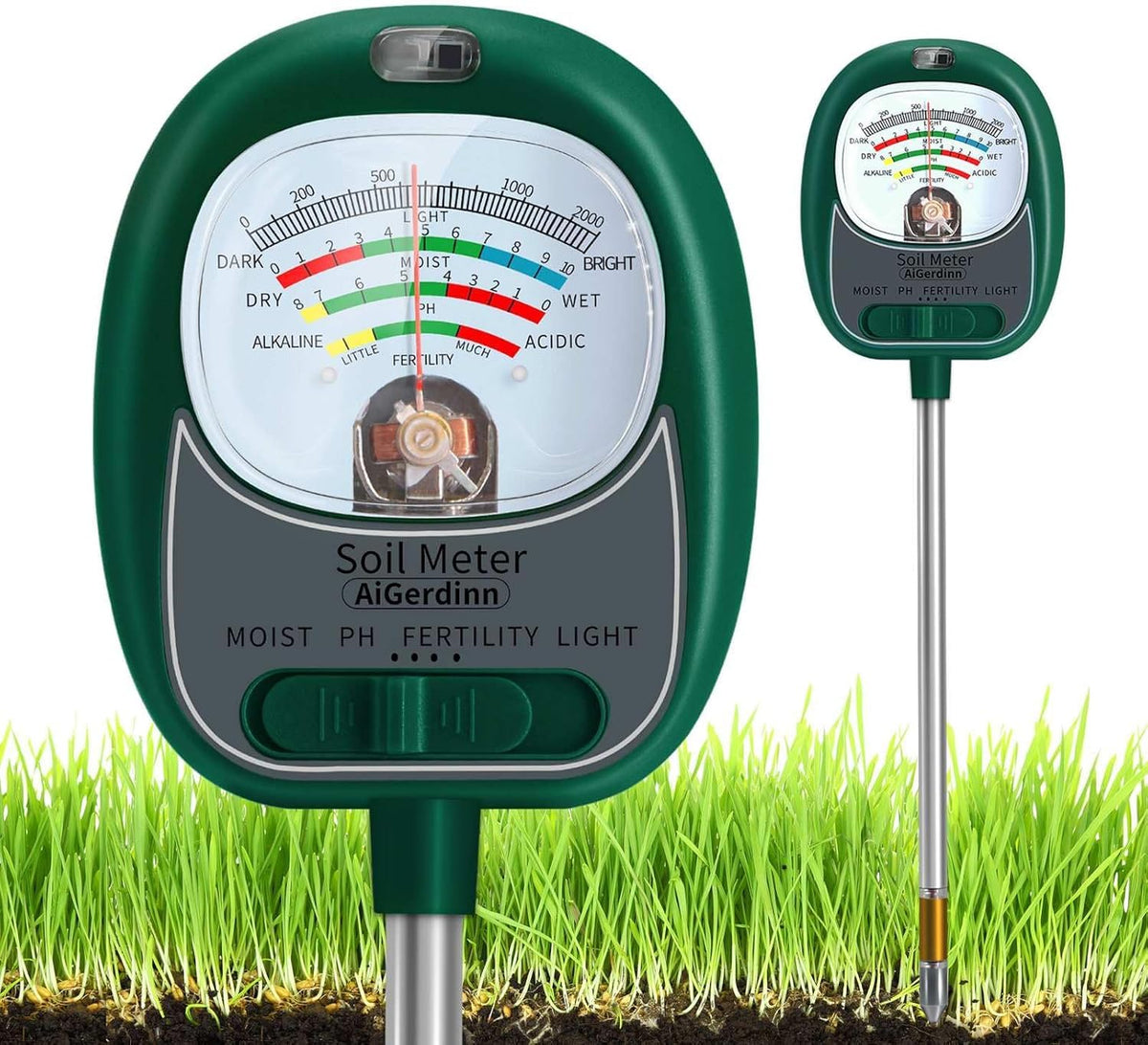 AiGerdinn soil moisture meter - 4-in-1 soil tester for plants and garden use.