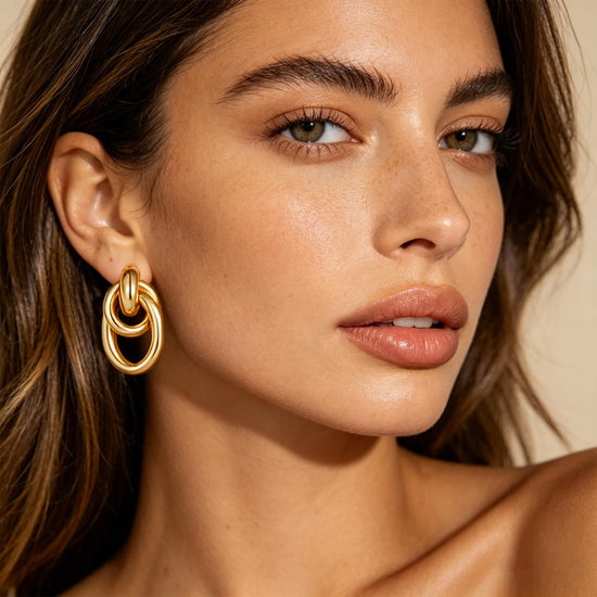 Gold chunky earrings — geometric knot link drop dangle design in 14K gold plated finish