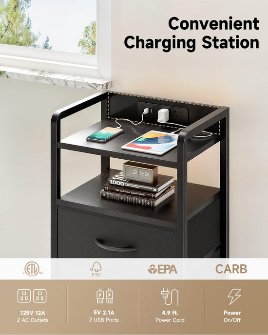 Lazzanto night stand with charging station and LED light strip