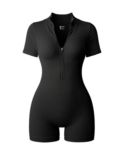 OQQ one piece outfit — ribbed short sleeve zip front with tummy control