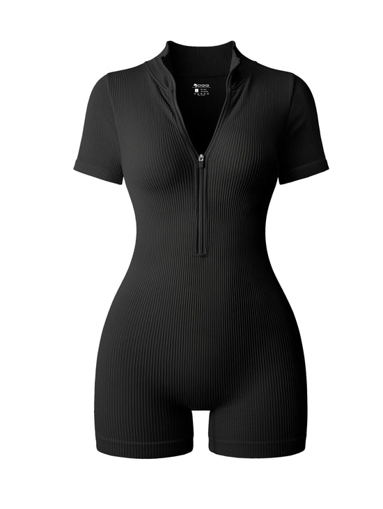 OQQ one piece outfit — ribbed short sleeve zip front with tummy control