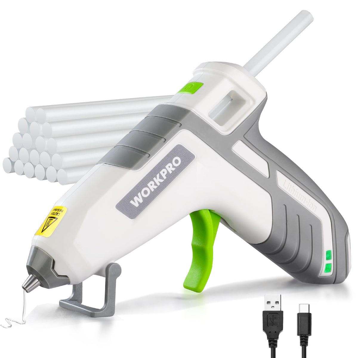 WORKPRO hot glue gun — USB-C rechargeable with smart power-off feature and 20 glue sticks