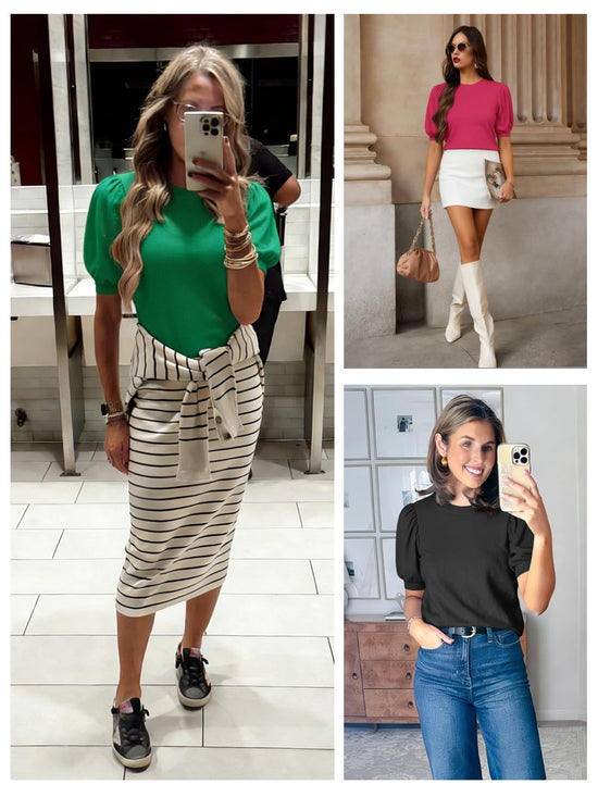 ATHMILE short sleeve sweater with puff sleeves for women