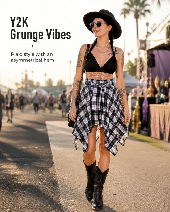 Skirt — High waisted plaid mini with asymmetrical hem and knot front design.
