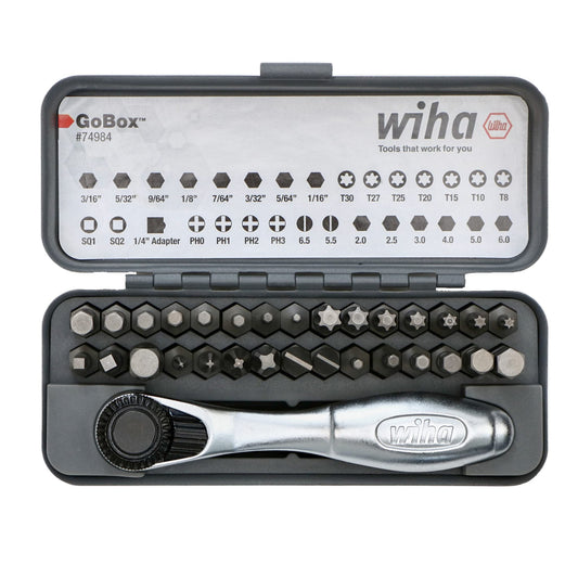 Wiha fastener drive bit set with mini ratchet and 32 pieces in GoBox