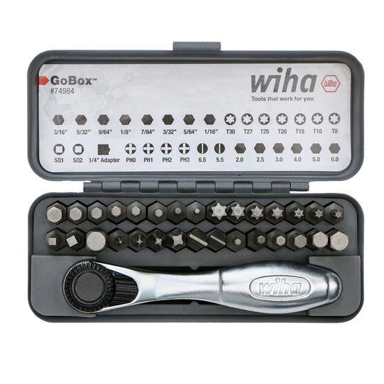 Wiha fastener drive bit set with mini ratchet and 32 pieces in GoBox