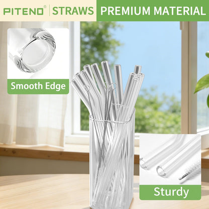 Piteno® glass straws set with cleaning brushes, 12 pieces, straight and bent styles, reusable