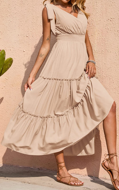 Dress — Cross neck sleeveless maxi dress with tie straps and smocked bodice