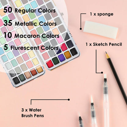 Grabie watercolor paint set - 100 colors including metallic and fluorescent hues with accessories