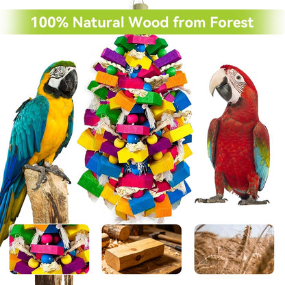 KTCWPAW Large Parrot Chew Toys, Colorful Natural Wood Hanging Shredding Toy, Heavy Duty Beak Grinding Enrichment Toy for Macaw, Cockatoo, African Grey Large Bird Cage Accessories