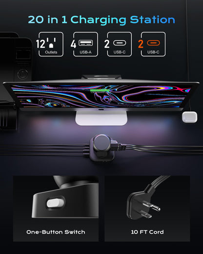 TenTrend power strip — flat plug with 12 AC outlets and 8 USB ports (4 USB-C)