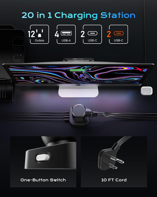 TenTrend power strip — flat plug with 12 AC outlets and 8 USB ports (4 USB-C)