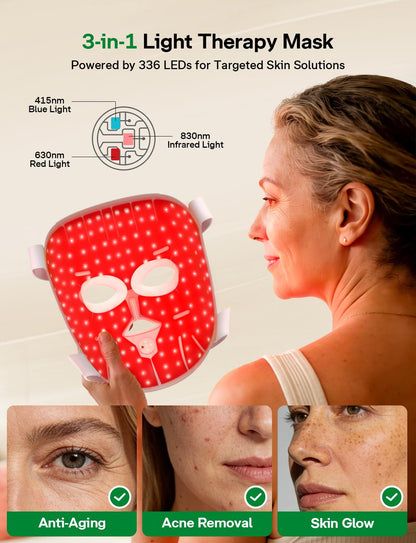 Medisana Red Light Therapy for Face, 3D Facial Fit LED Mask with 415nm Blue 630nm Red 830nm Infrared, 336 Beads, 3 Modes - Cordless & Rechargeable LED Face Mask for Home, Skincare Gifts for Women Mom