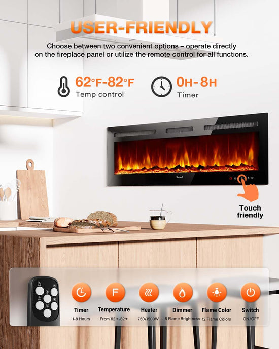 VISVEIL 60 inch electric fireplace with adjustable heat settings and remote control.