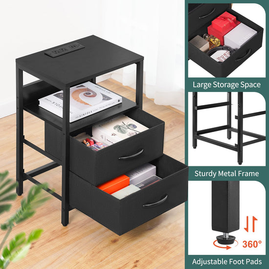 Yoobure nightstand with charging station - LED design with fabric drawers and USB ports