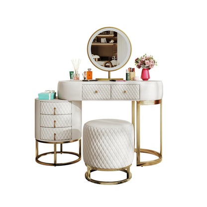 FUKAYI Faux Leather Makeup Vanity Desk Set with LED Lighted Mirror Luxury Dressing Makeup Table with Storage Drawers & Vanity Stool