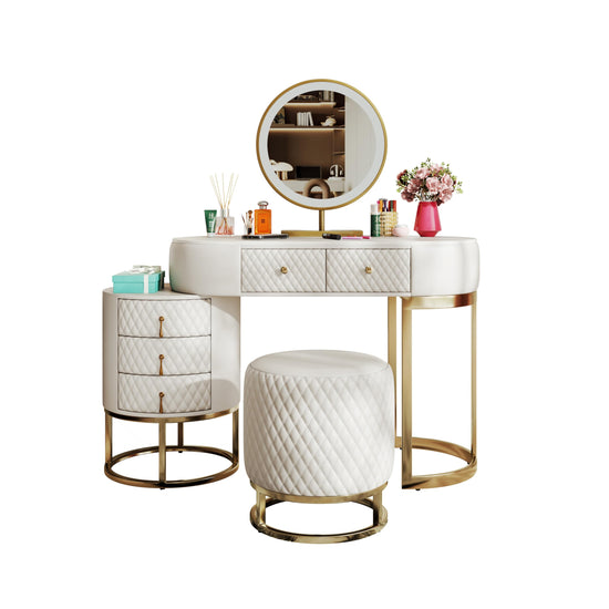 FUKAYI Faux Leather Makeup Vanity Desk Set with LED Lighted Mirror Luxury Dressing Makeup Table with Storage Drawers & Vanity Stool
