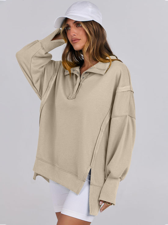 ANRABESS women's shirt - Oversized button up henley pullover with split hem