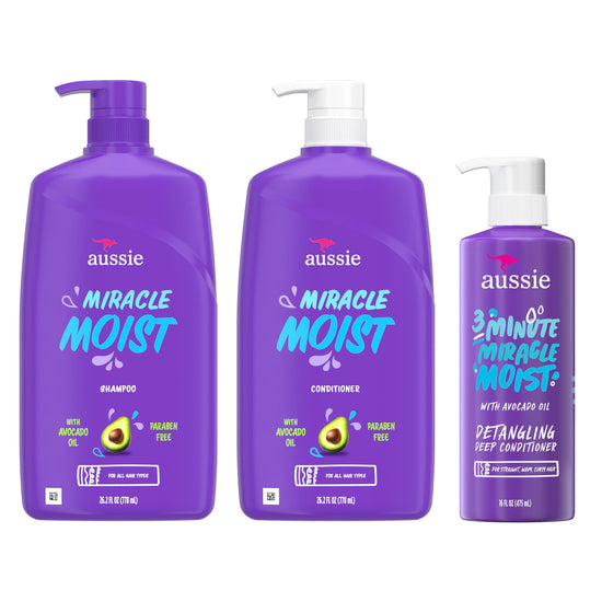 Aussie Miracle Moist shampoo and conditioner — paraben-free with avocado and jojoba oil