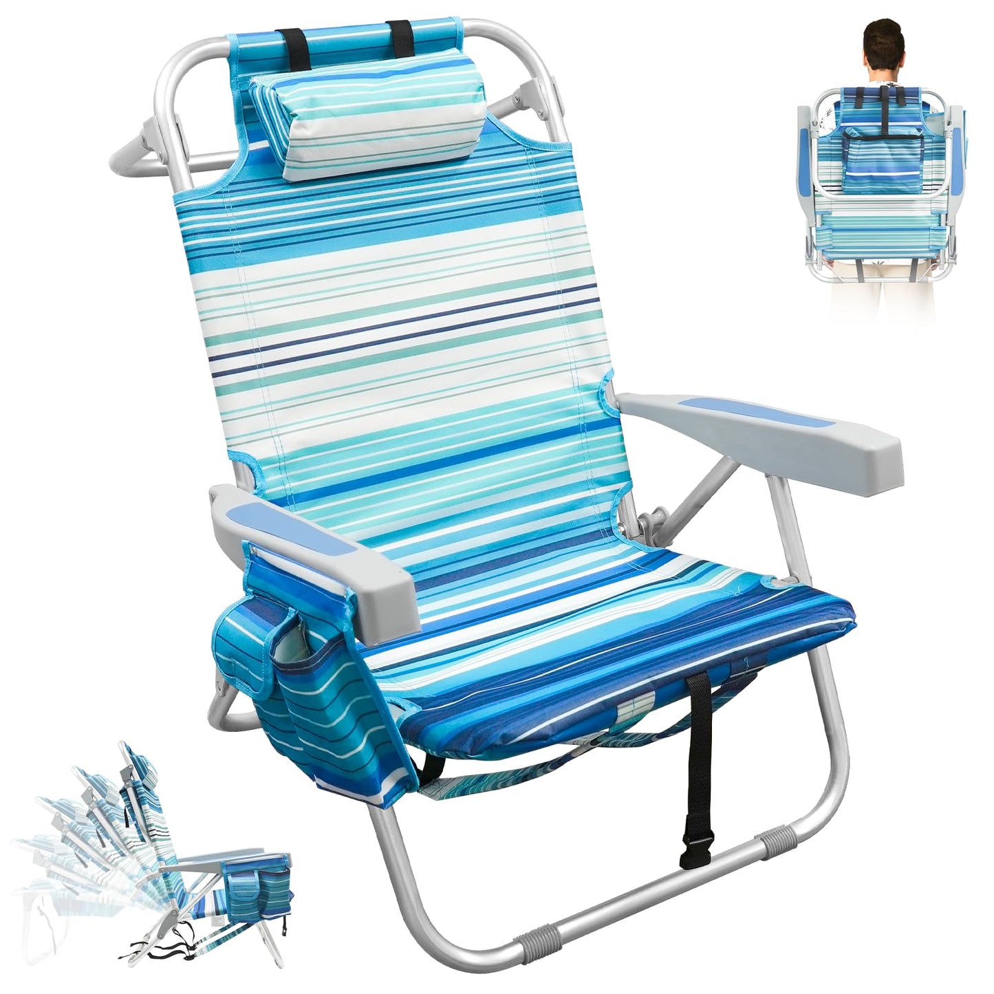 Folding Backpack Beach Chair for Adults, 5-Position Aluminum Lightweight Reclining Beach Chair, Low Sands Compact Chairs with Cup Holder and Padded Headrest for Lawn Patio Poolside,Supports 300lbs