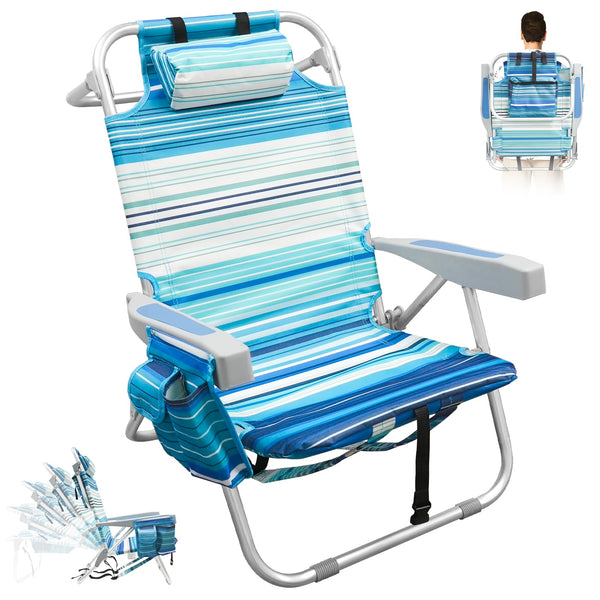 Folding Backpack Beach Chair for Adults, 5-Position Aluminum Lightweight Reclining Beach Chair, Low Sands Compact Chairs with Cup Holder and Padded Headrest for Lawn Patio Poolside,Supports 300lbs
