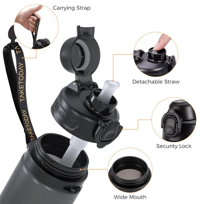 TakeToday collapsible water bottle — foldable silicone design with straw and strap