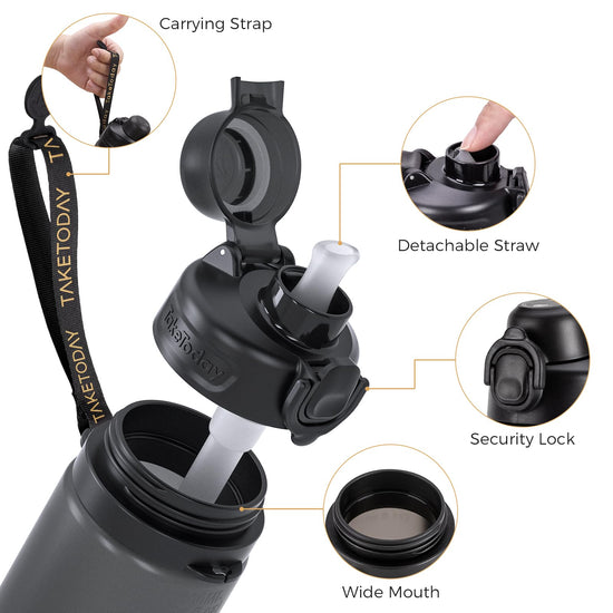 TakeToday collapsible water bottle — foldable silicone design with straw and strap