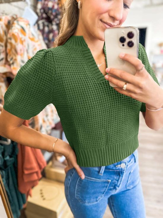 Saodimallsu women's puff sleeve sweater - Waffle knit v neck cropped top