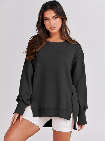 ANRABESS womens sweatshirt - oversized crew neck with side slit detail