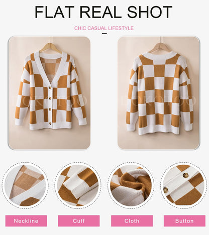 Dokotoo sweater — Plaid v neck oversized cardigan with buttons and long sleeves