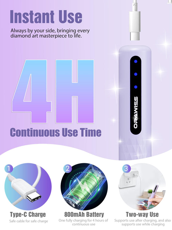 Orawiss electric diamond painting pen — cordless and rechargeable design in purple