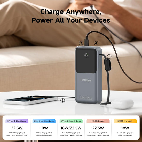 HENGKU Power Bank 20000mah Portable Built-in Cable 22.5w Fast Charge
